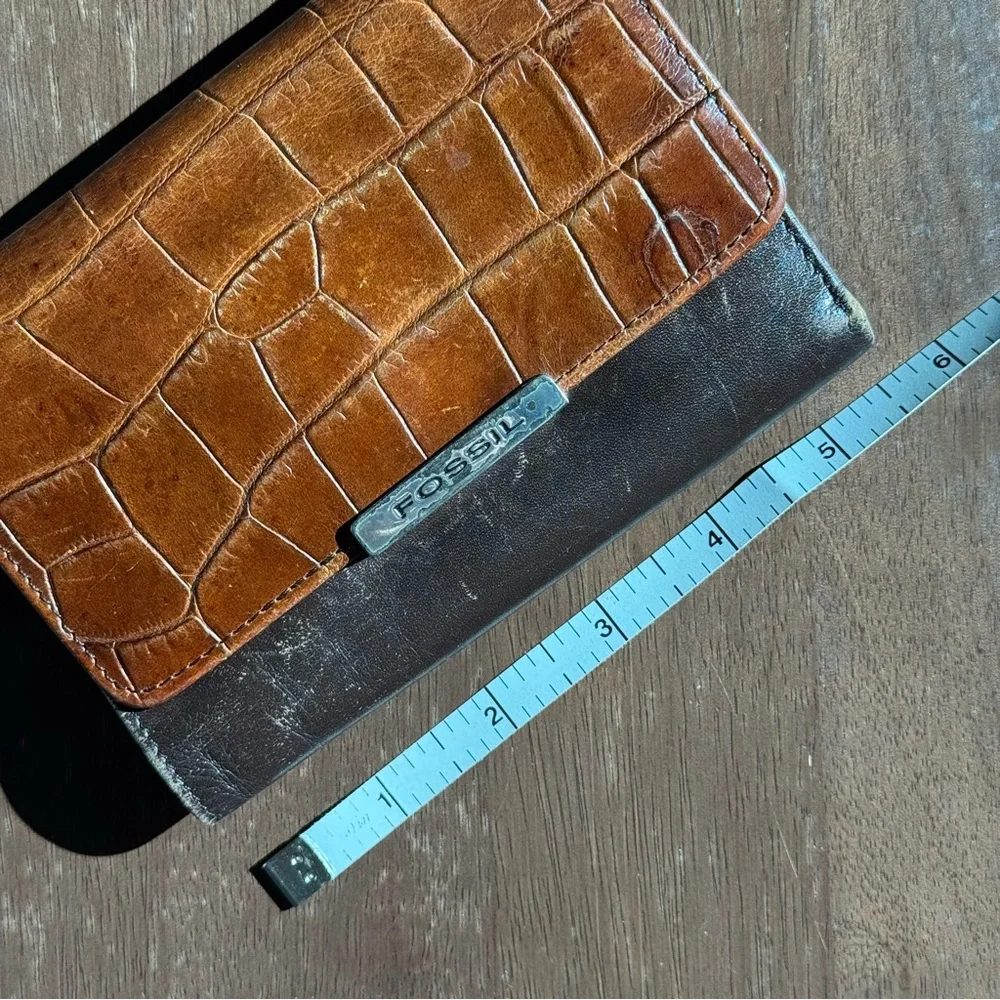 Vtg Fossil Women’s Leather Wallet – Brown Croc Embossed Two-Tone